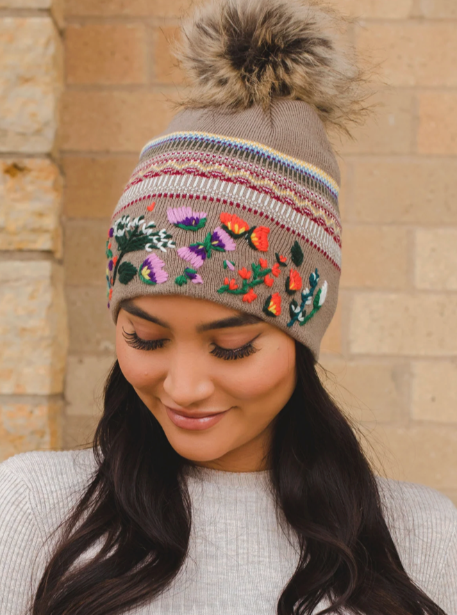 hat multicolored pattern and hand stitched floral pattern on the cuff - tan