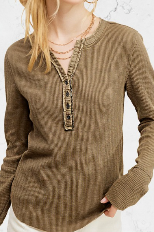 amber waffle knit henley - vintage olive