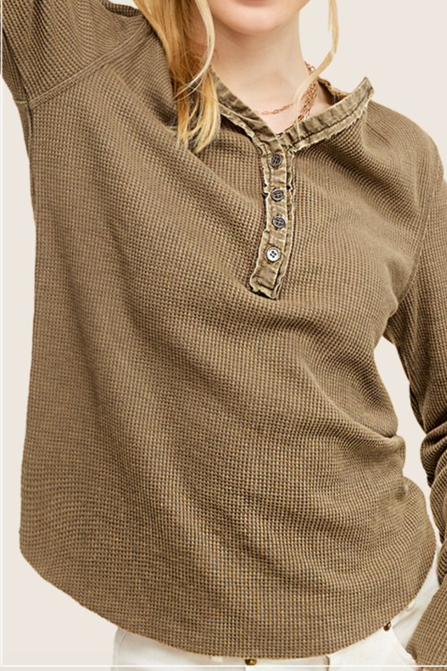 amber waffle knit henley - vintage olive