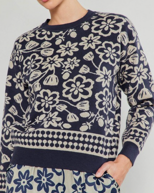 midnight bloom pull over long sleeve sweater - blue