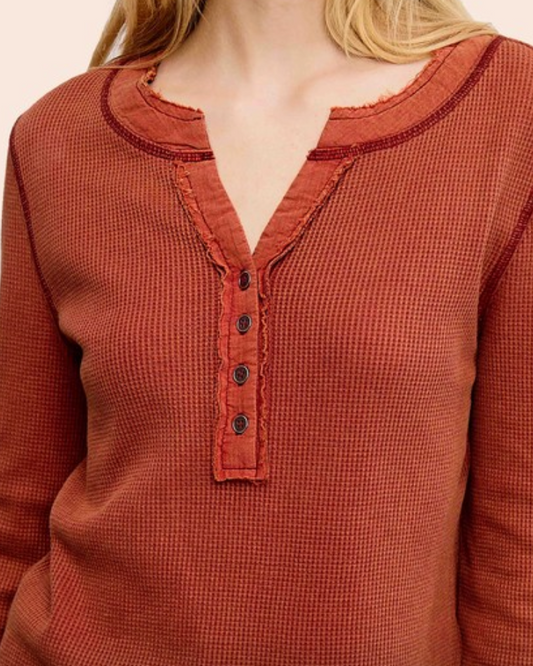 fireside waffle knit henley - baked clay