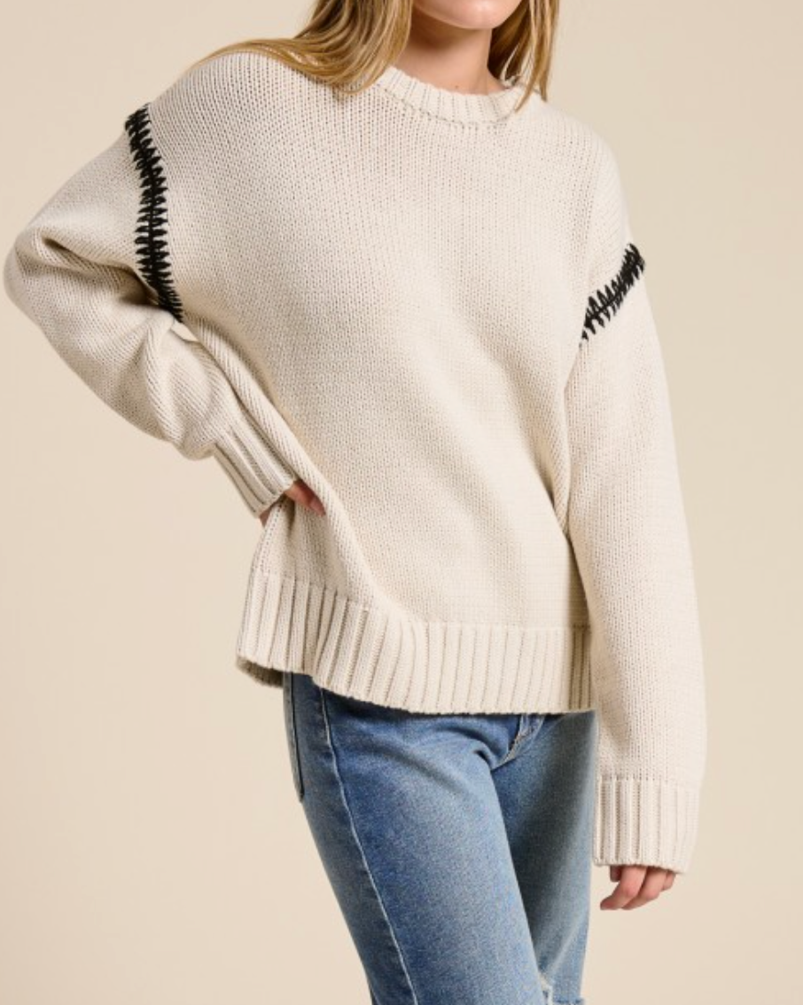 sloane  crewneck sweater - oatmeal with black contrast stitching