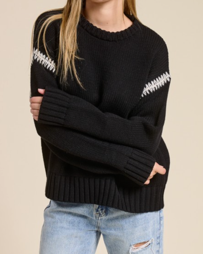 sloane  crewneck sweater - black with tan contrast stitching