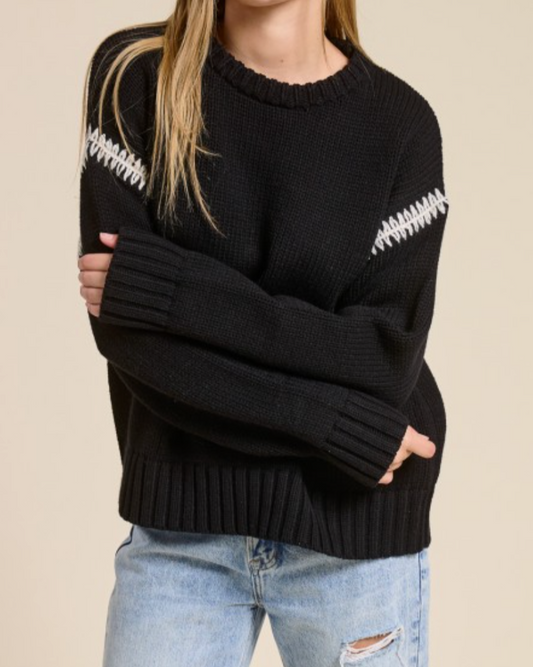 sloane  crewneck sweater - black with tan contrast stitching