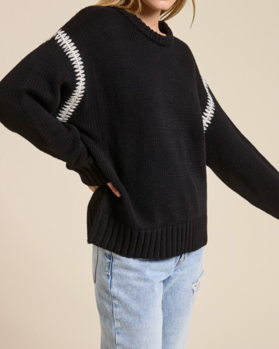 sloane  crewneck sweater - black with tan contrast stitching