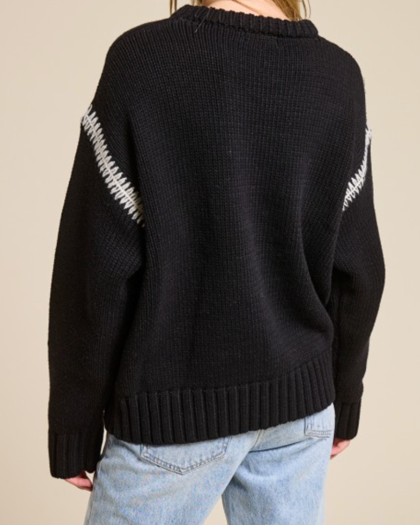 sloane  crewneck sweater - black with tan contrast stitching