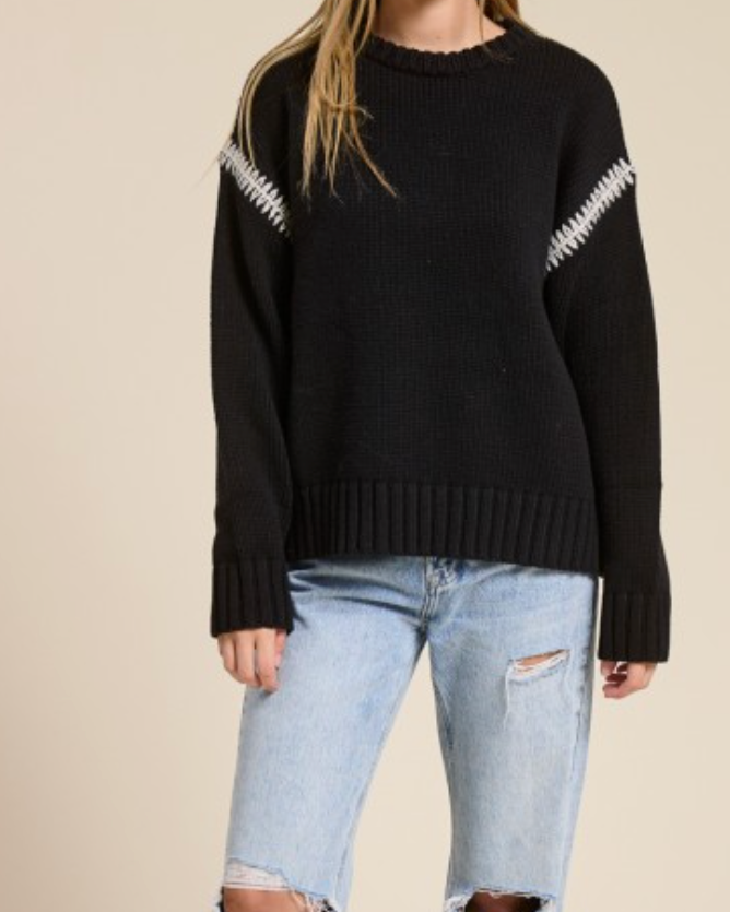 sloane  crewneck sweater - black with tan contrast stitching