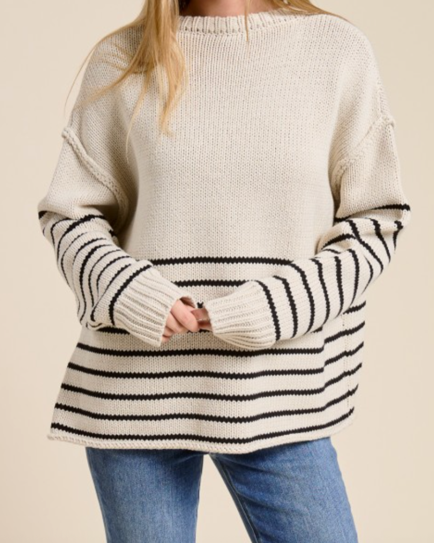 marin stripe crewneck sweater - ivory with black