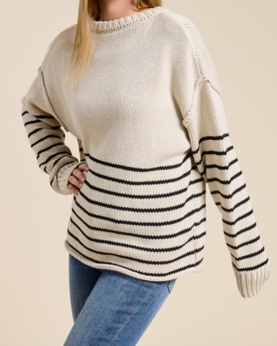 marin stripe crewneck sweater - ivory with black