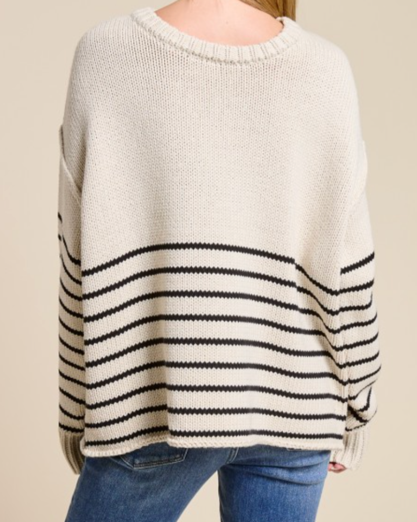 marin stripe crewneck sweater - ivory with black