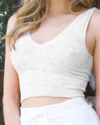 chantilly lace v neck tank - white