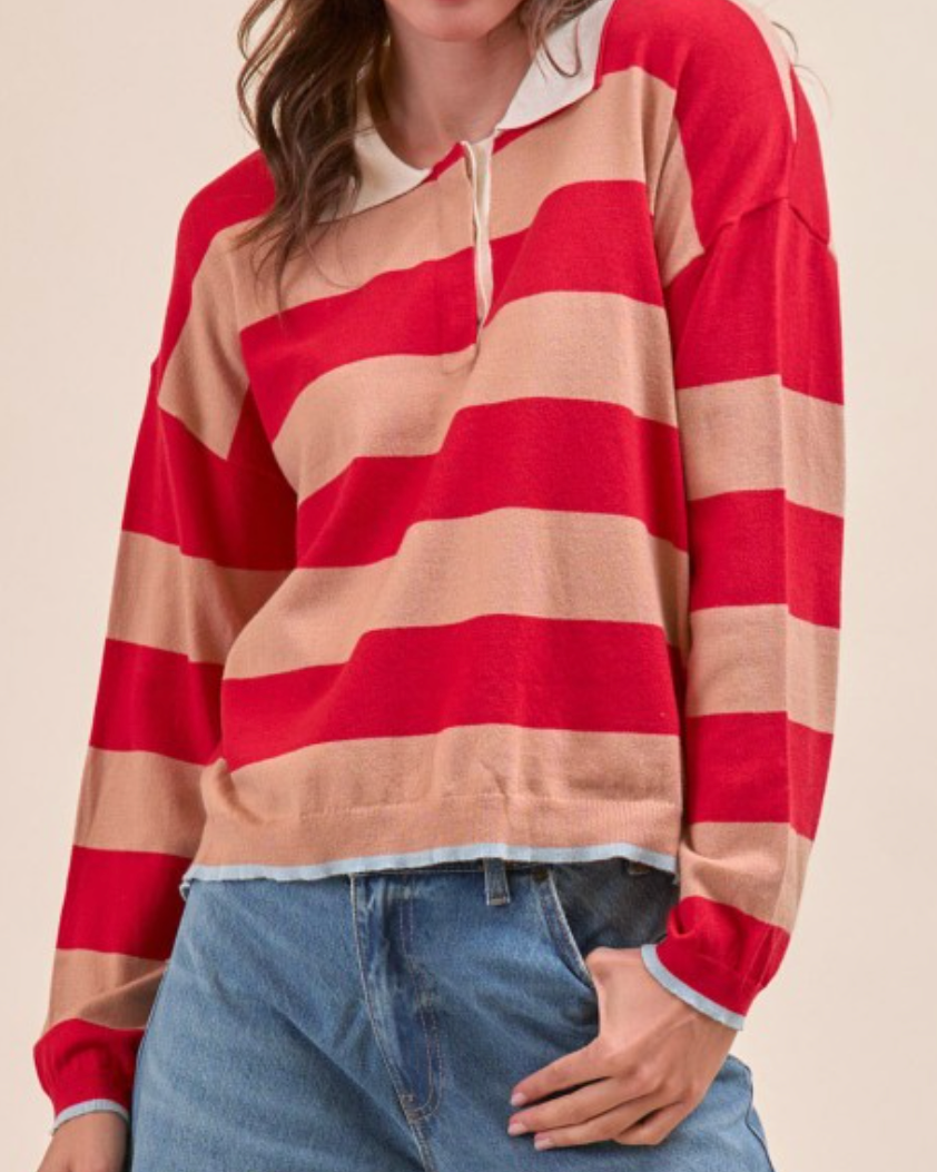 breton stripe rugby - red and taupe