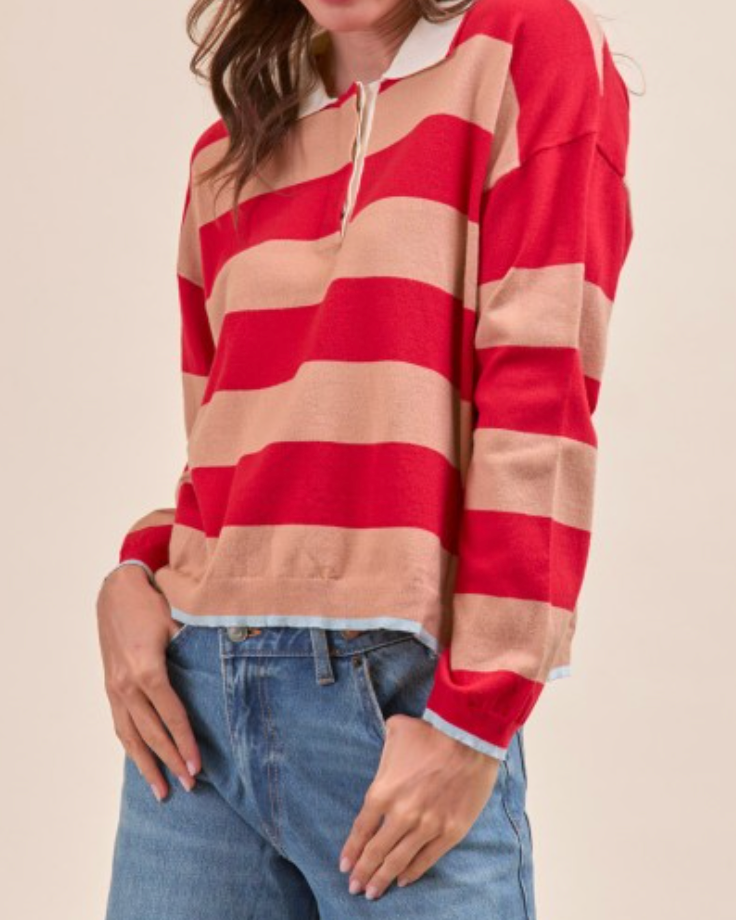breton stripe rugby - red and taupe