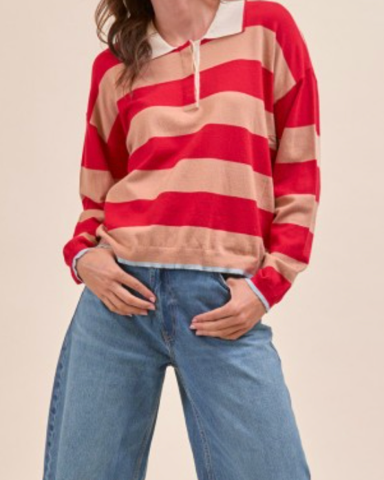 breton stripe rugby - red and taupe