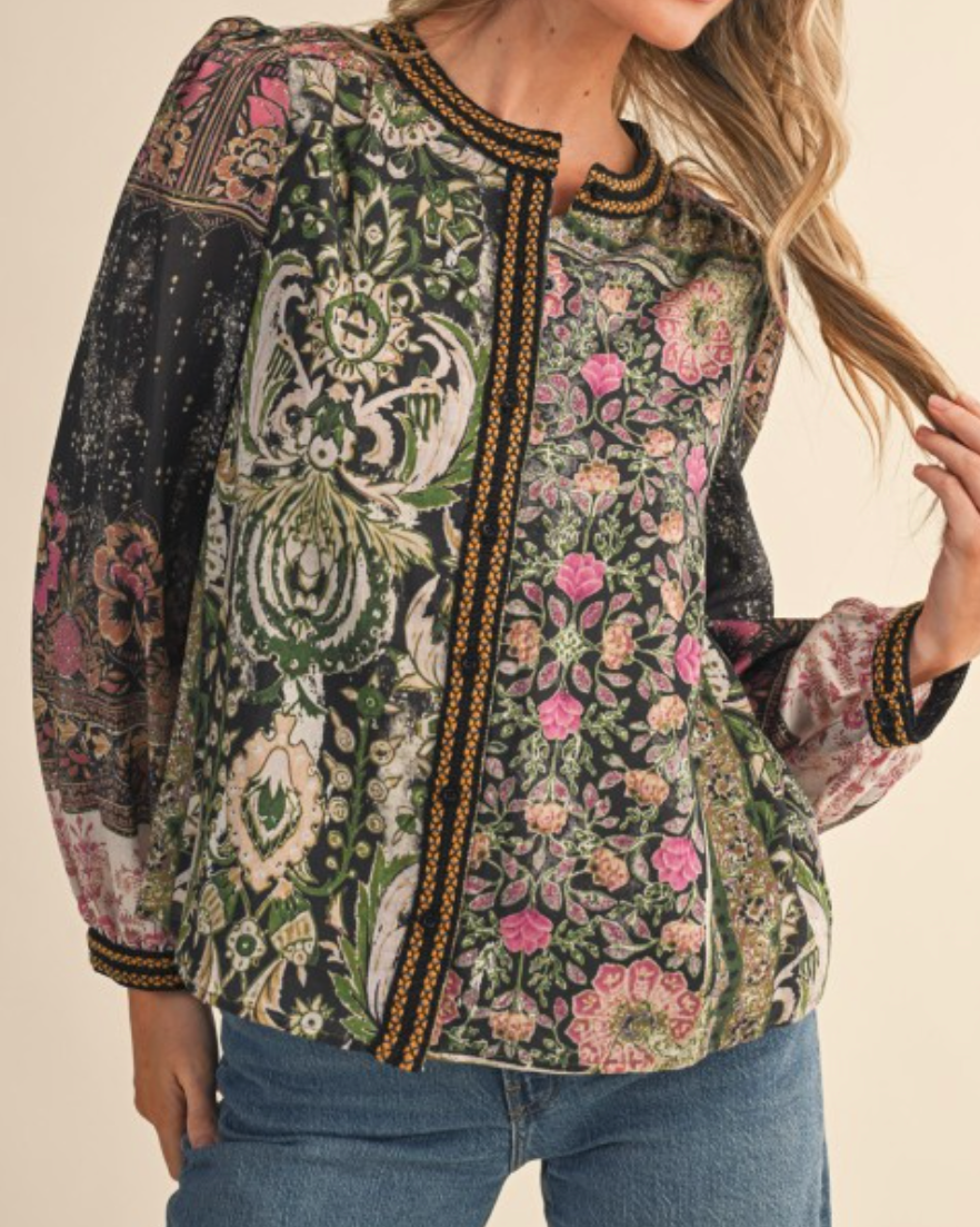 garden tapestry blouse- olive
