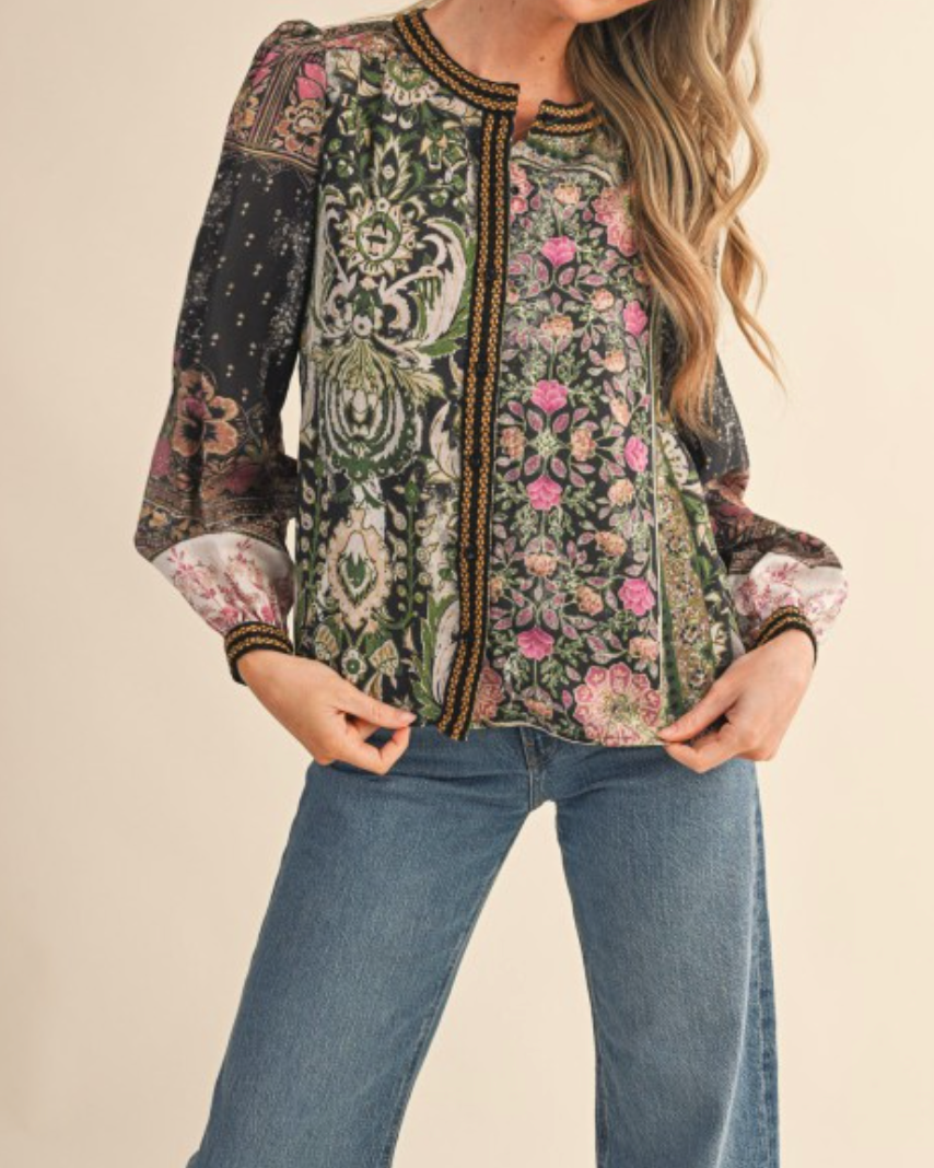 garden tapestry blouse- olive