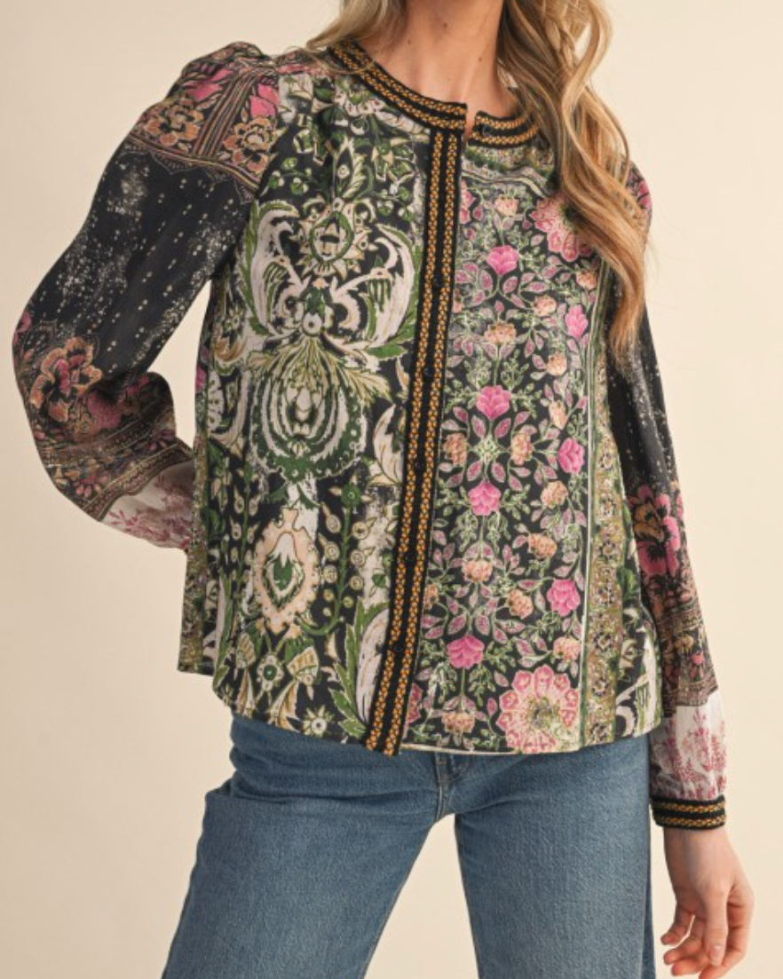 garden tapestry blouse- olive
