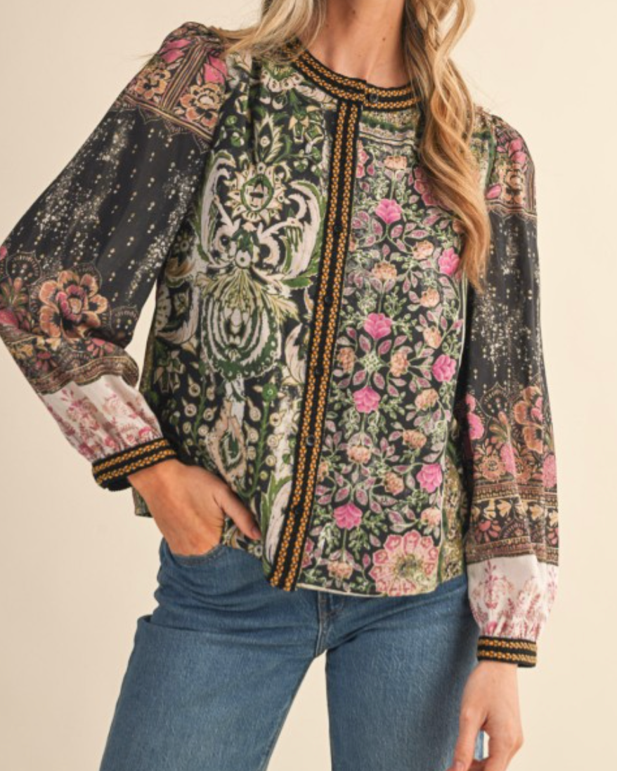 garden tapestry blouse- olive