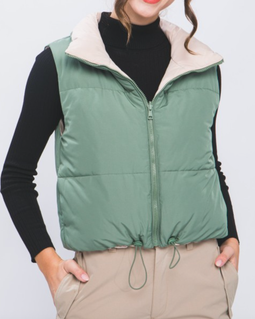 carson reversible puff vest - olive green