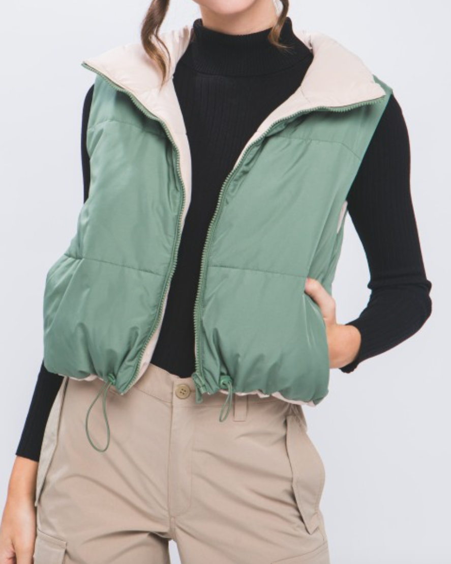 carson reversible puff vest - olive green