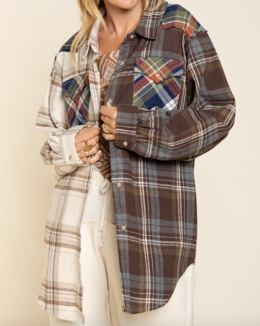plaid flannel shacket - chocolate / navy