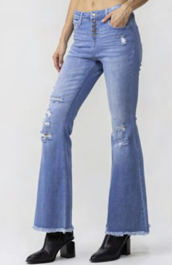 janis button fly bell bottom distressed jeans with unfinished hem - light wash denim