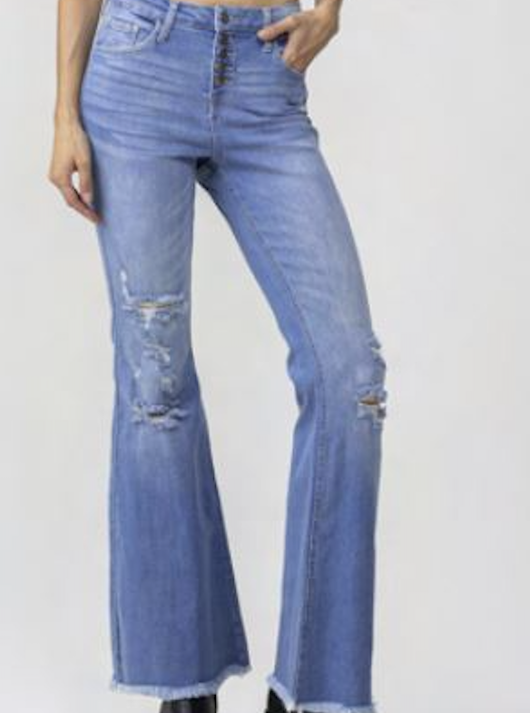 janis button fly bell bottom distressed jeans with unfinished hem - light wash denim